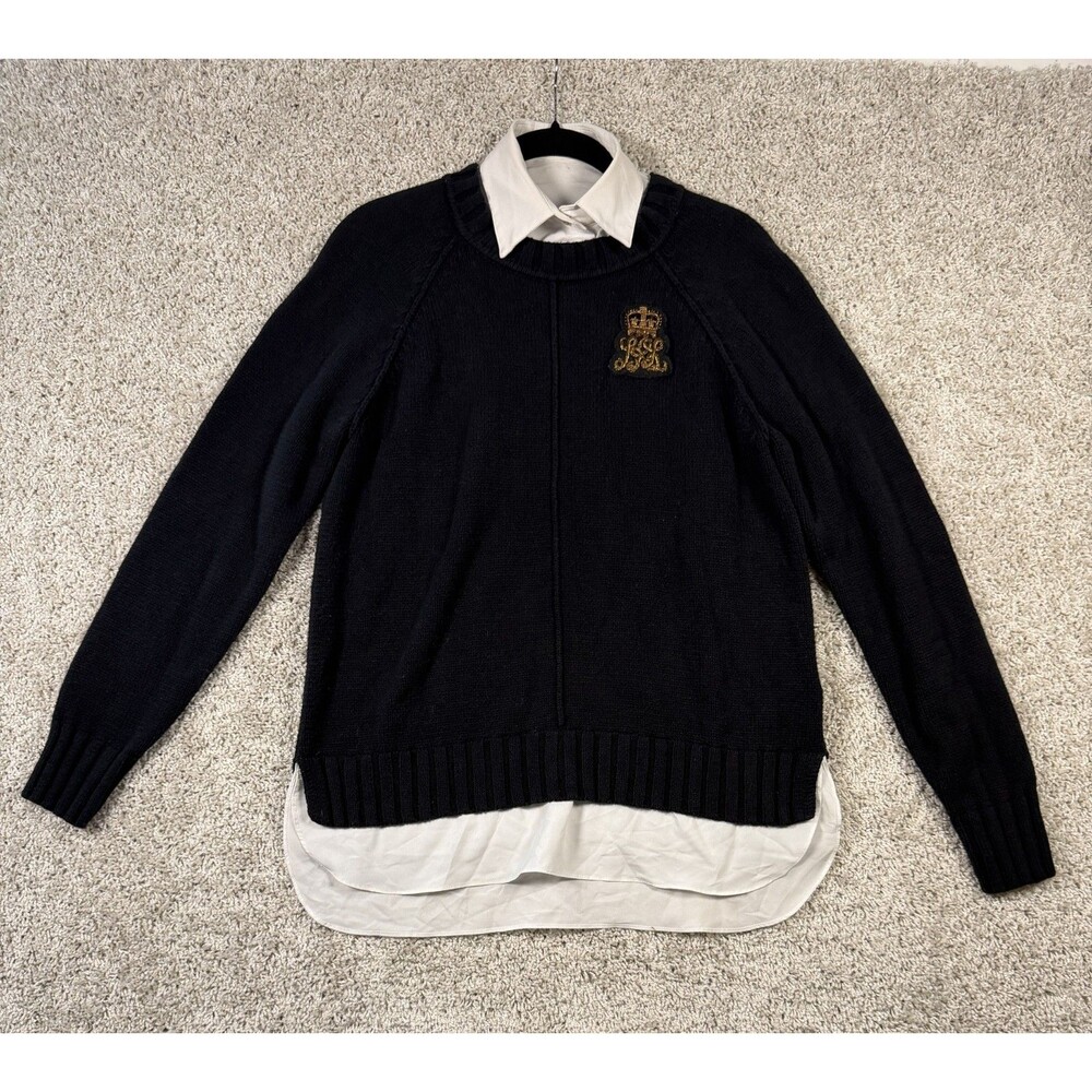 RARE Lauren Ralph Lauren Wome M Black Layered Bullion Crest 2-in-1 Sweater Shirt